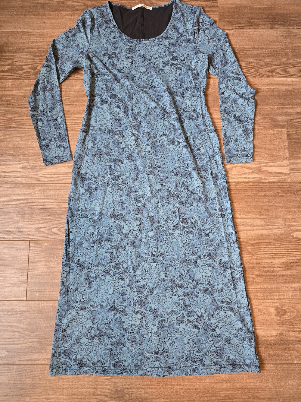 Peruvian Connection Dress Womens M Blue Floral Stretch Knit Boho Artsy Lagenlook